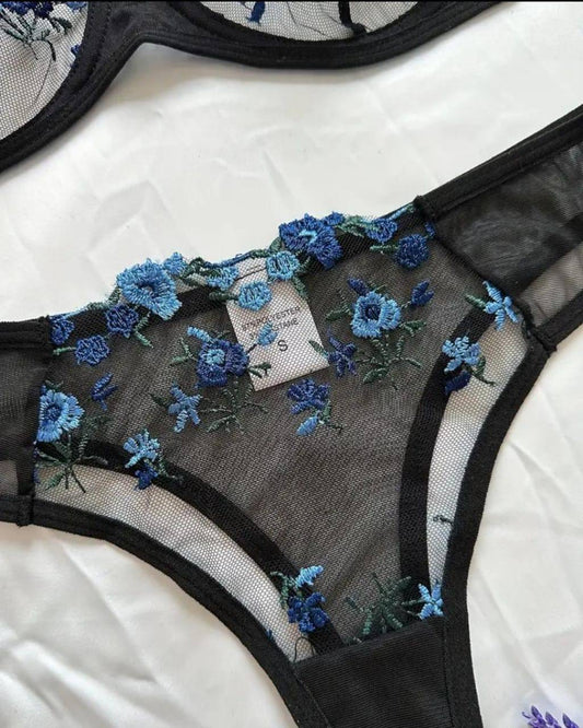 sexy black lingerie set with blue floral prints