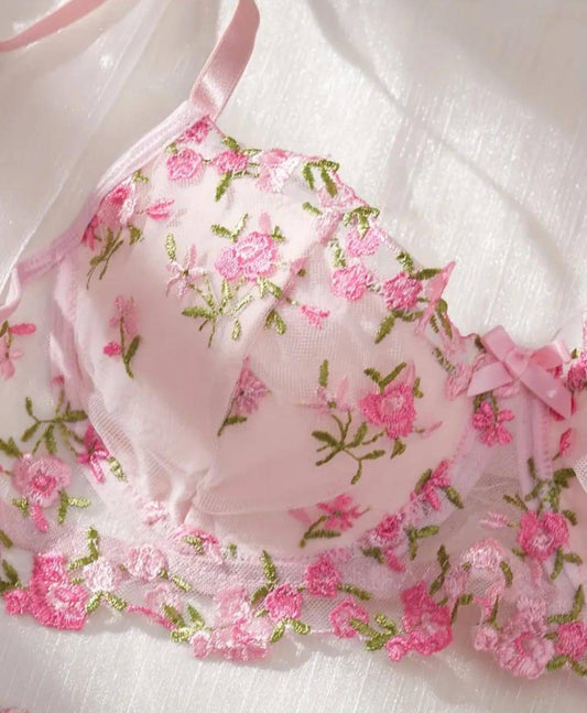 Pink floral embroidered lingerie set