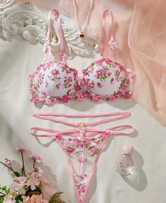 embroidered floral lingerie set 2 piece