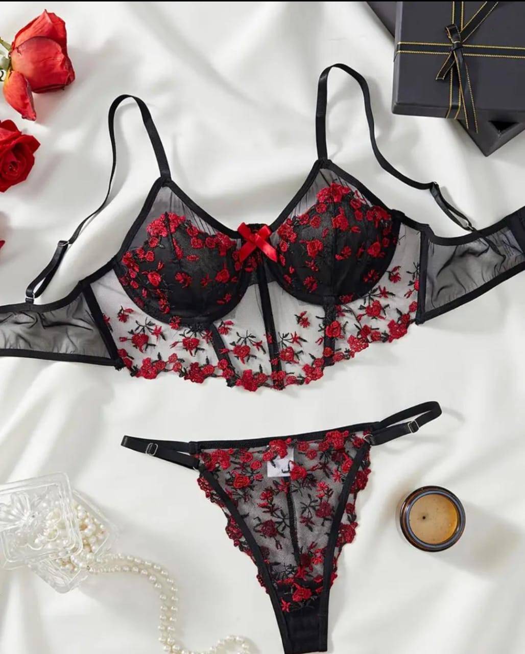 floral embroidered corset lingerie set