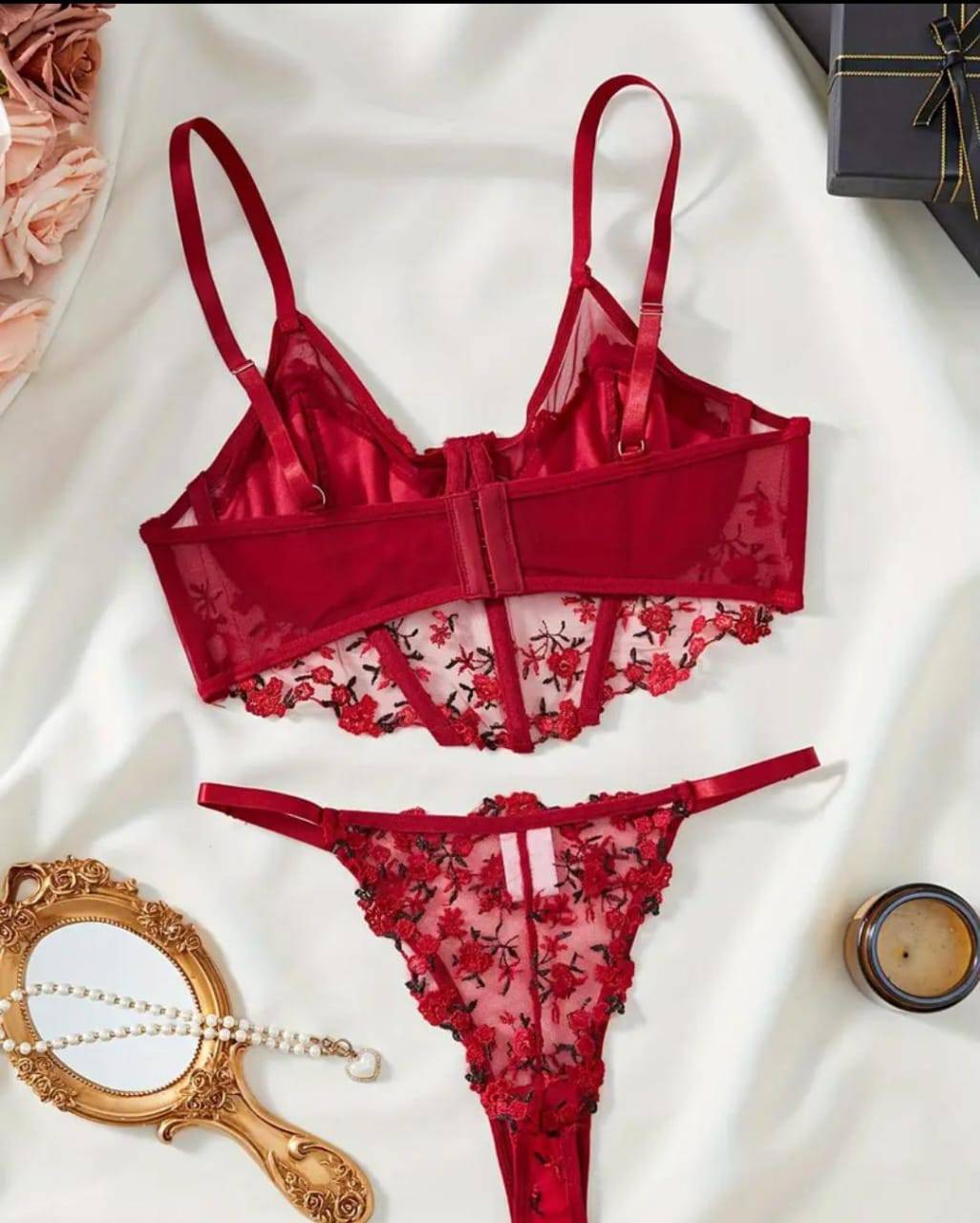floral embroidered corset lingerie set