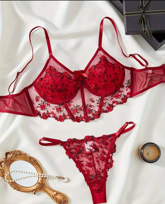 floral embroidered corset lingerie set