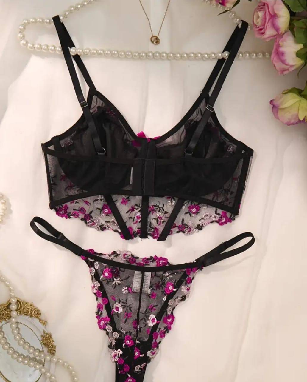 floral embroidered corset lingerie set