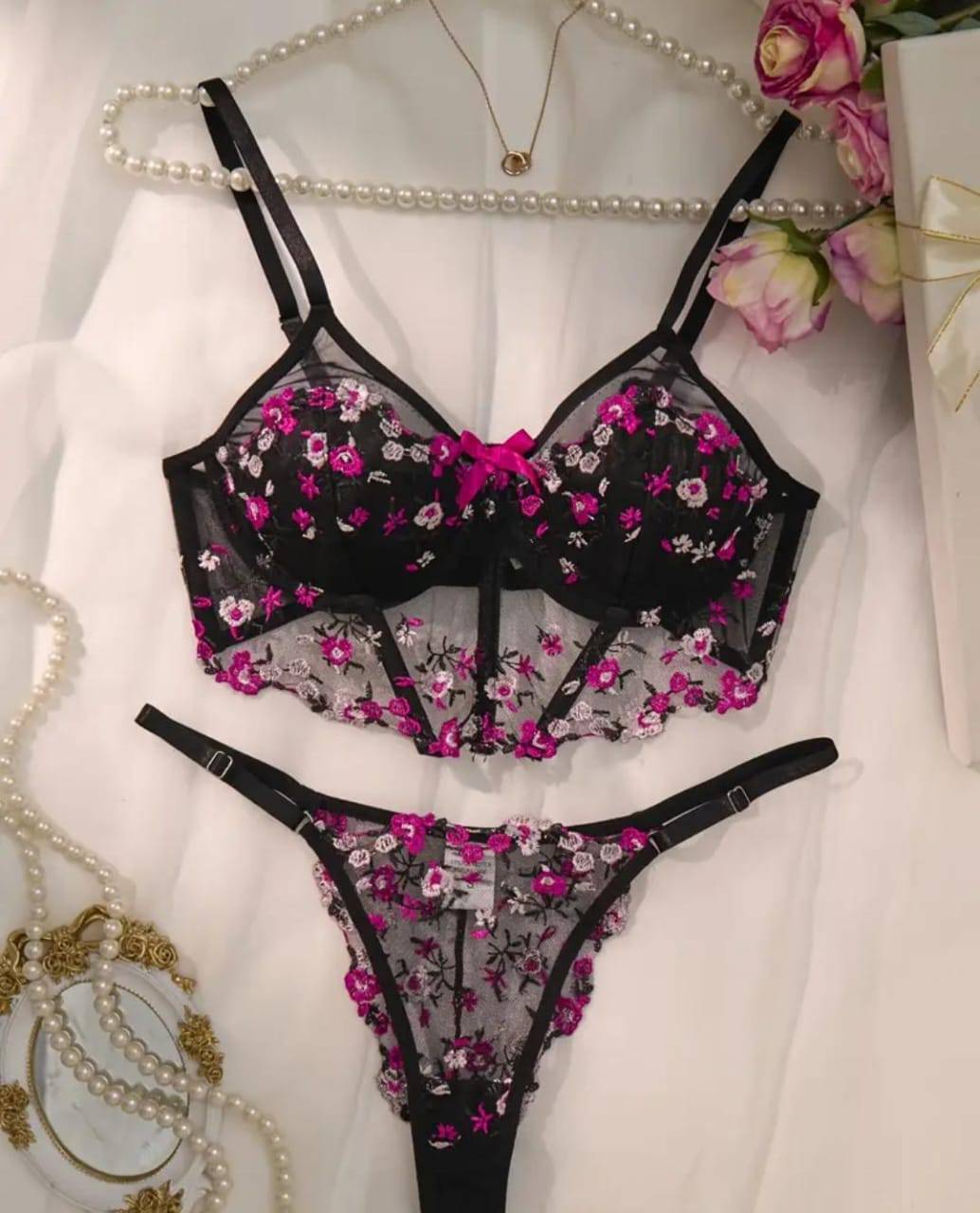 floral embroidered corset lingerie set