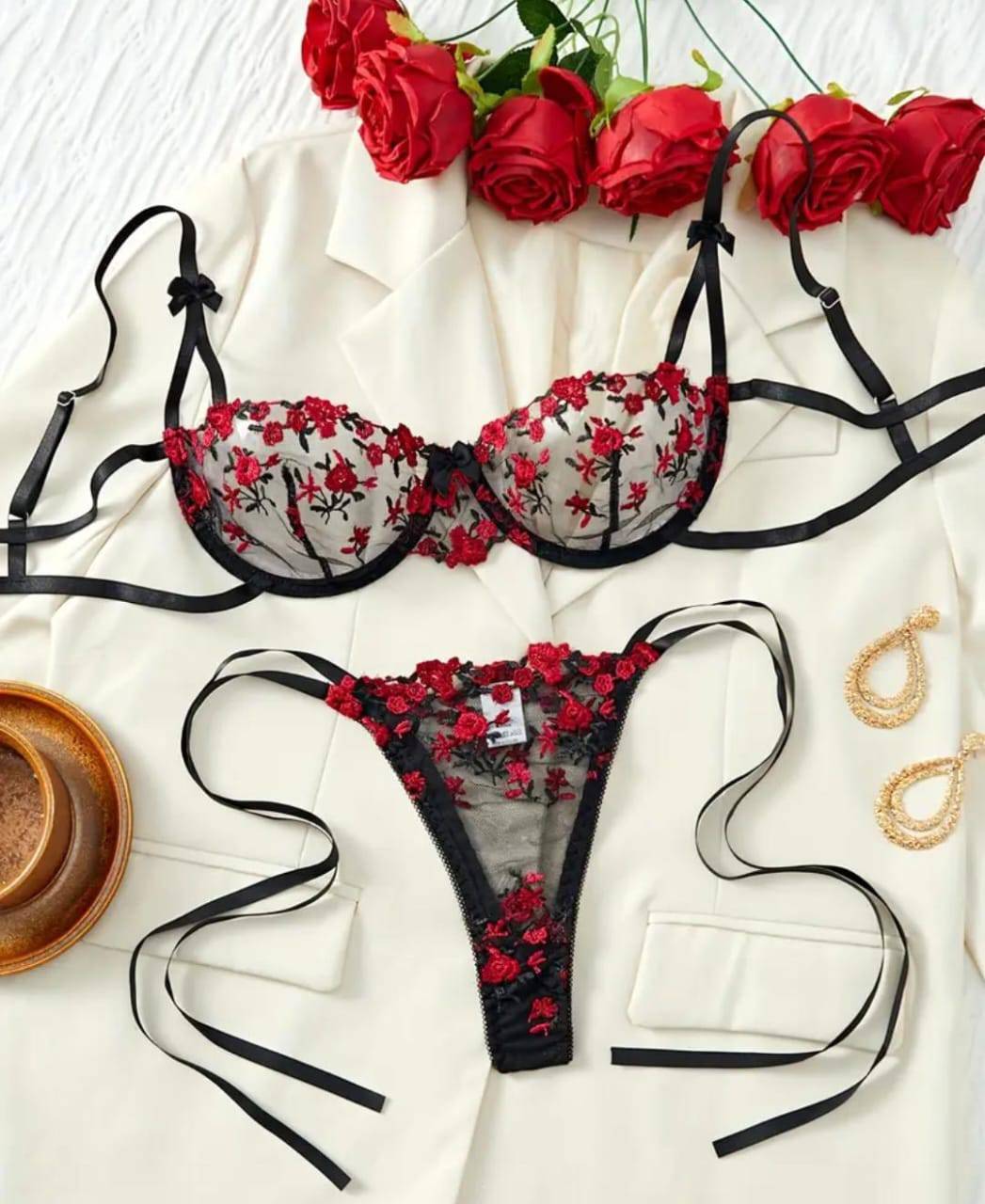 sexy black lingerie set with red floral print, bow detail, random pattern.