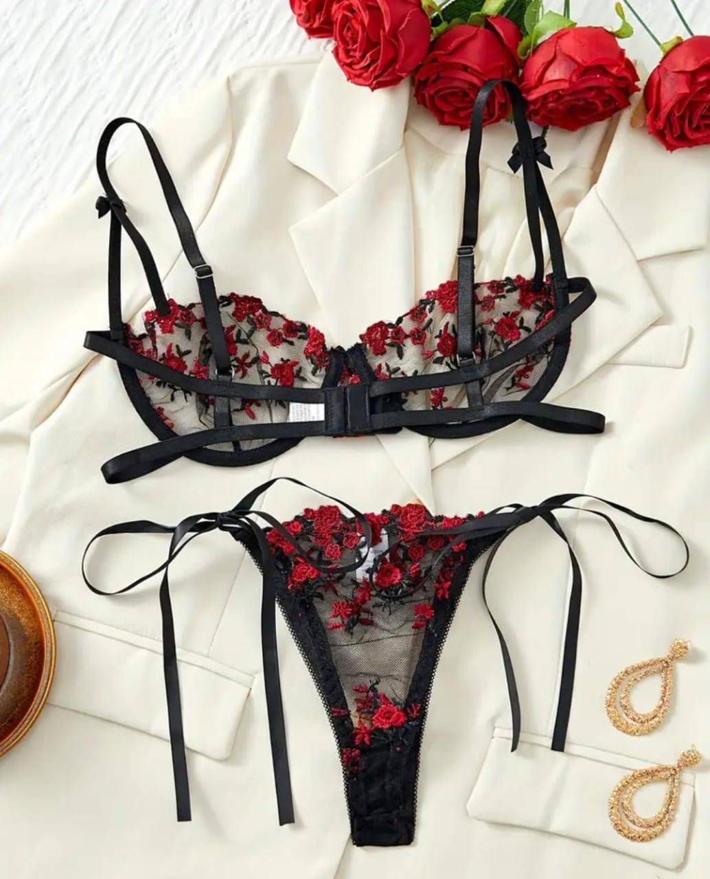 sexy black lingerie set with red floral print, bow detail, random pattern.