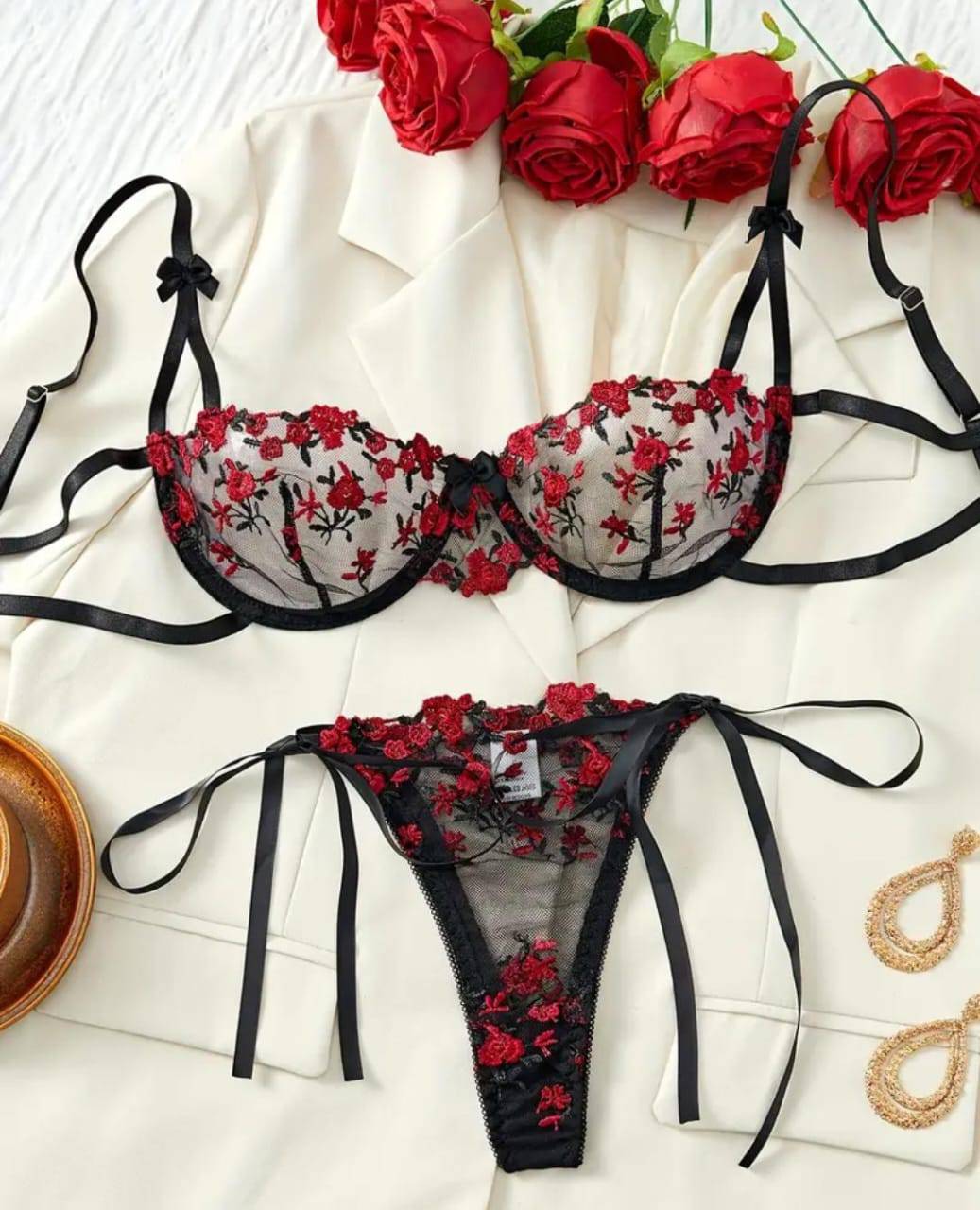 sexy black lingerie set with red floral print, bow detail, random pattern.