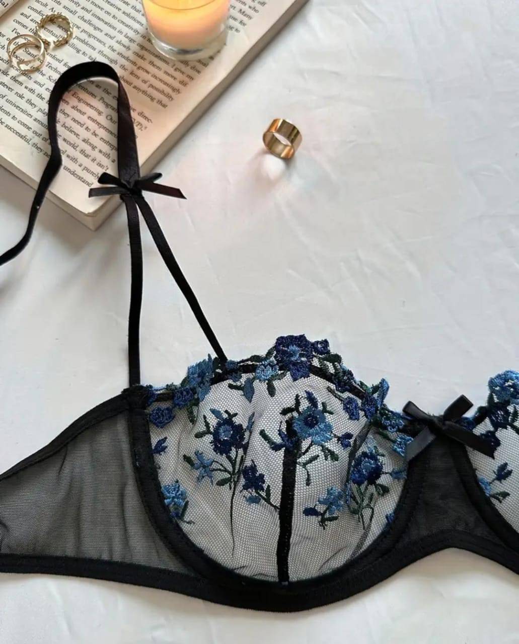 sexy black lingerie set with blue floral prints