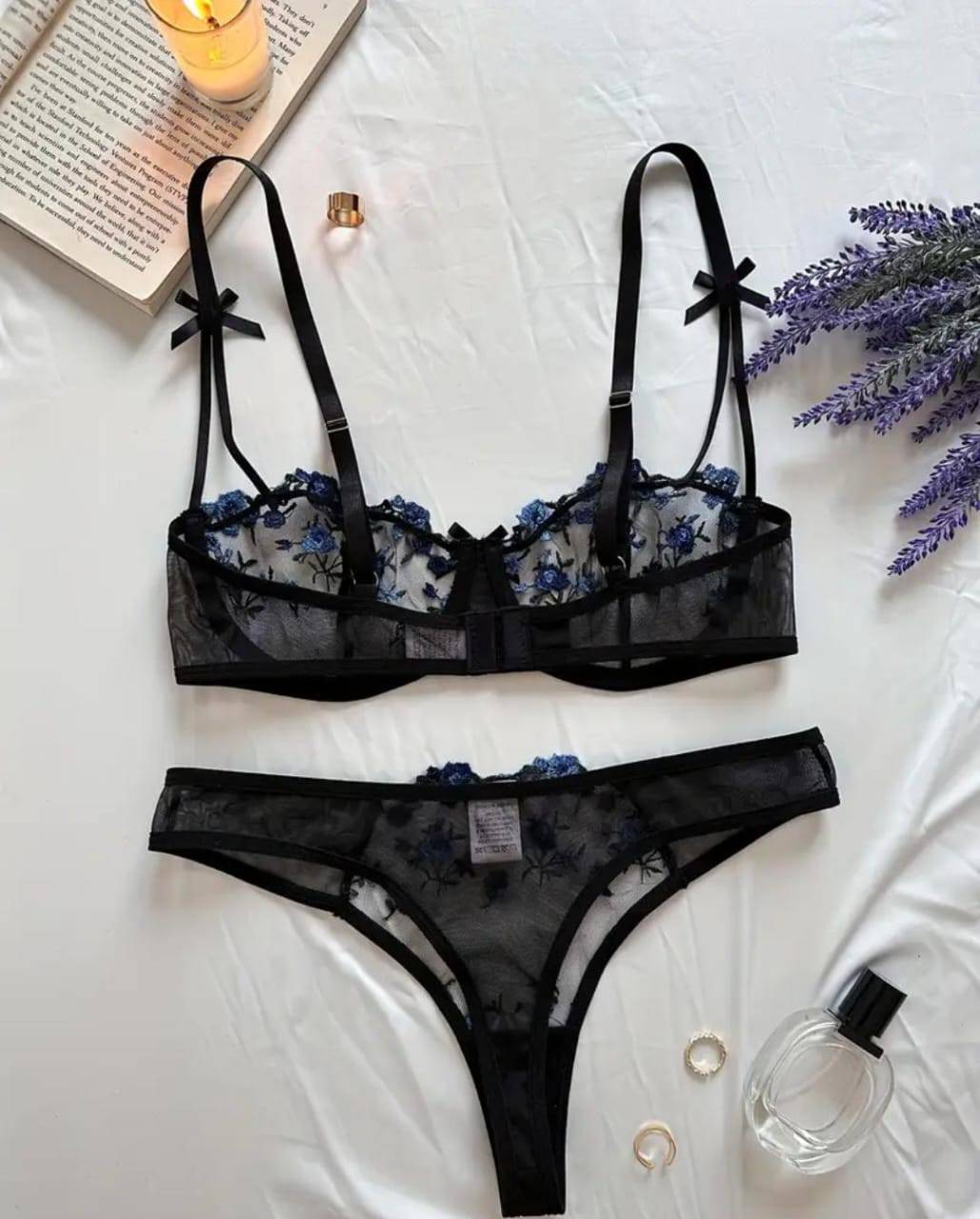 sexy black lingerie set with blue floral prints