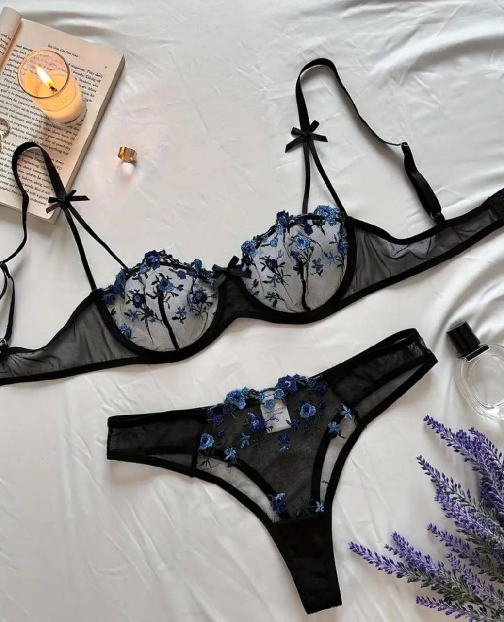 sexy black lingerie set with blue floral prints