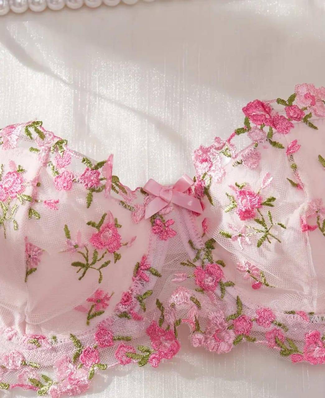 Pink floral embroidered lingerie set