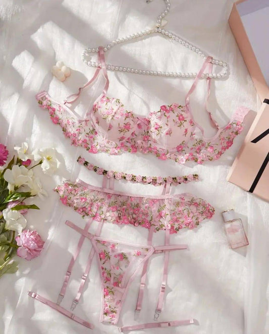 Pink floral embroidered lingerie set