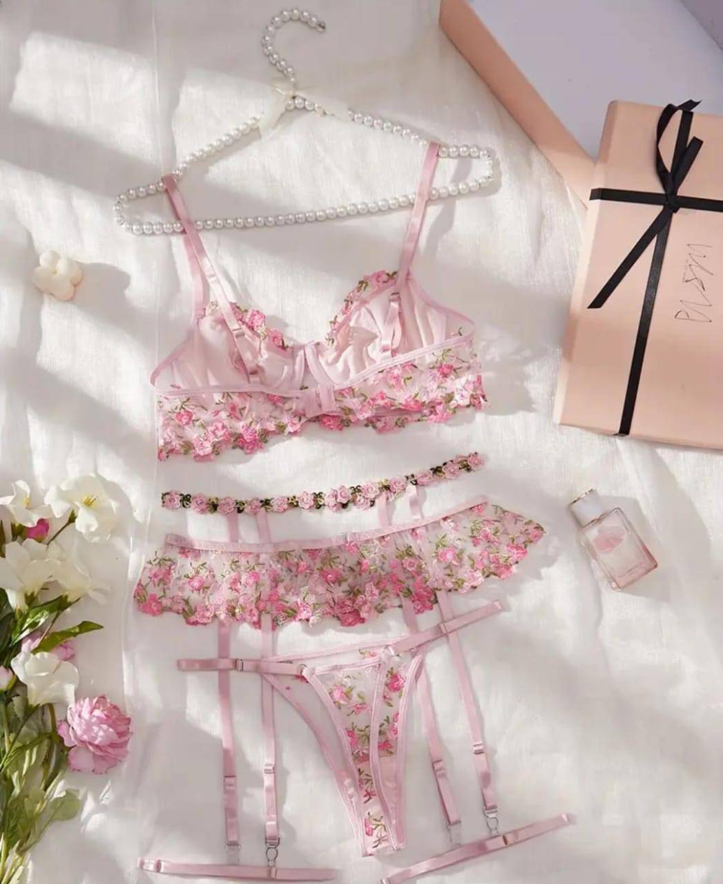 Pink floral embroidered lingerie set