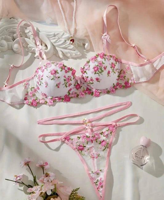 embroidered floral lingerie set 2 piece