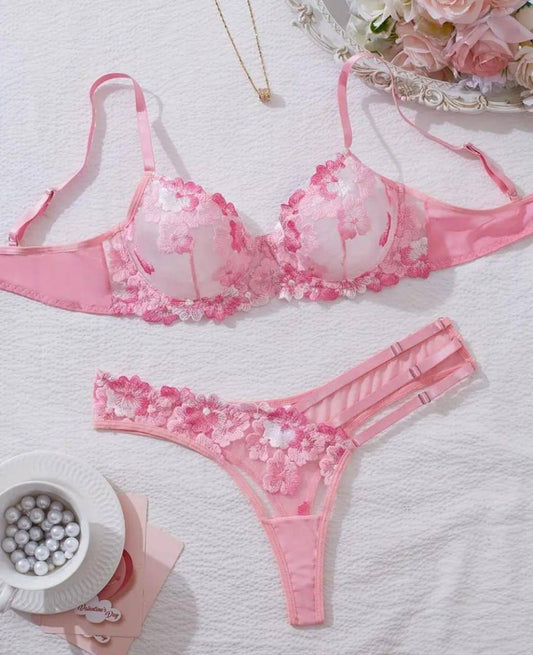Pink bustier embroidered lingerie set